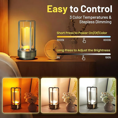 Crystal Lantern Lights Set of 2, Czgor Battery Operated Rechargeable Cordless Crystal Table Lantern Lamp with 3-Color, Small LED Desk Lamp for Indoor/Outdoor Patio Camping Bar Restaurant(Silver)