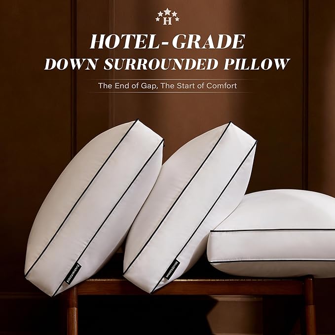Goose Feather Down Pillows Standard Size Set of 2, Down Surrounded Hotel Collection Bed Pillow for Sleeping with 3 Inch Gusset, 2 Pack, Fluffy Plush for Side, Back Sleepers 20x26 in.