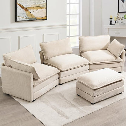 ROWHY Oversized Modular Sectional Sofa with Movable Ottoman, 112 Inch 4 Seat Modern Corduroy Sofa Set, Convertible L Shaped Couch for Living Room and Office, Beige