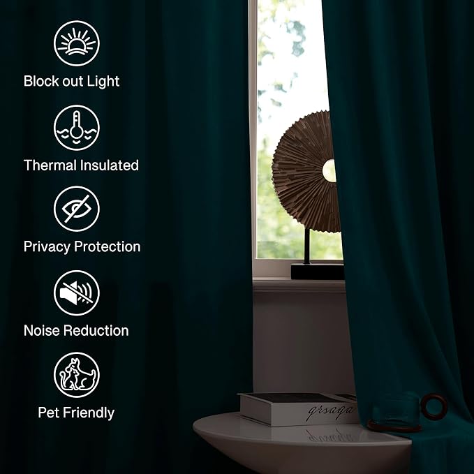 StangH Teal Velvet Blackout Curtain Panels Vintage Style Privacy Farmhouse Curtains Thermal Insulated Curtains for Sliding Glass Door/Guest Room, 52 x 96-inch, 2 Pcs