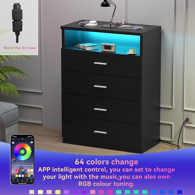 Dresser with Power Outlets and LED Lights Wooden 4 Drawer Dresser with Large Organizer Tall Black Drawer for Bedroom Modern Chest of Drawers Closet for Living Room Kids Room