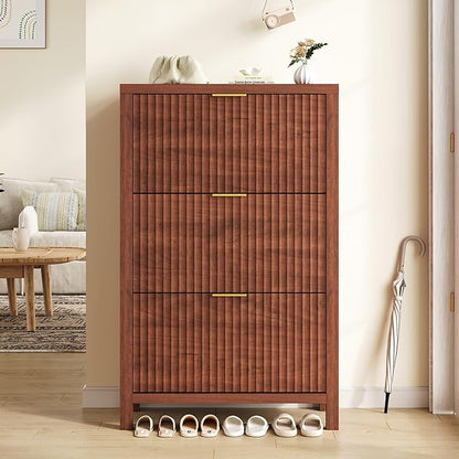 Shoe Cabinet Storage for Entryway, Fluted Shoe Cabinet with 3 Flip Drawers, Hidden Shoe Rack Tall Freestanding Shoe Organizer with Legs for Hallway, Walnut