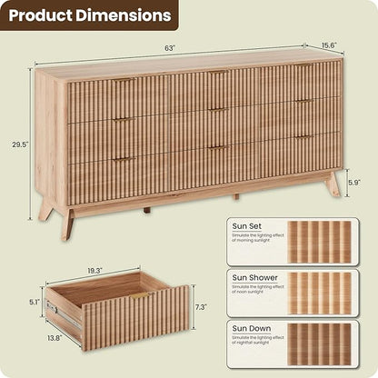 63'' Wide 9 Drawers Dresser for Bedroom,Modern Fluted Vertical Chest with Rounded Corners,Fluted Dresser for Living Room,Hallway, Natural Wood