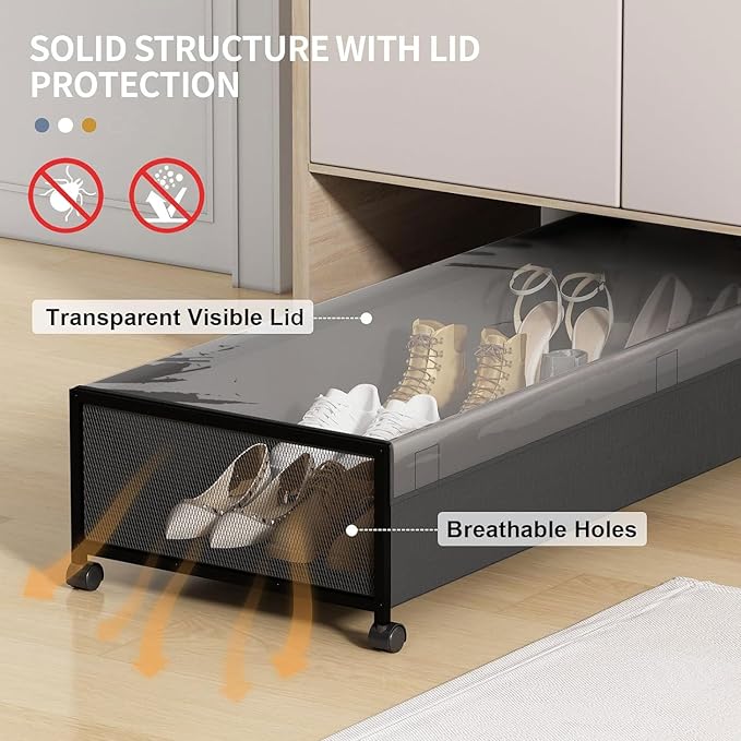 Under Bed Storage Containers With Wheels 54L Large Underbed Shoes Blankets Clothes Toy Storage Drawers For College Dorms Bedrooms Nursery Rooms Organization… (Black 2 Pack, XXL(36"x16.6"x7.28"))