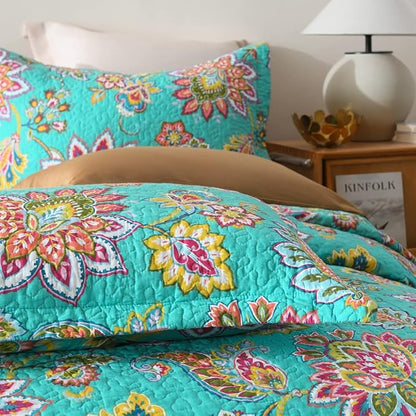 Cotton Bedspread Quilt Sets Reversible Bedding Coverlet Sets Comforter Paisley Floral Bedspread (Green Vintage Floral, King Size)