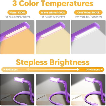 Voilet Neck Light with Storage Case, 10-80Hrs Eye-friendly Book Reading Lamp, Knitting Crochet Sewing Craft Light Rechargeable Adjustable, Christmas Birthday Gifts for Book Lovers Knitters Crafters