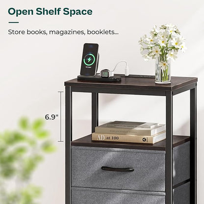 Huuger Nightstands Set of 2, End Tables with Charging Station, Fabric Drawers, Bedside Tables with USB Ports and Outlets, Night Stands for Bedroom, Walnut