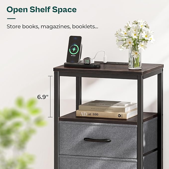 Huuger Nightstand with Charging Station, Fabric Drawers, End Table with Open Shelf, Bedside Table with USB Ports and Outlets, Night Stand for Bedroom, Walnut