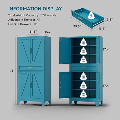 71" Tall Farmhouse Pantry Cabinet,Metal Cabinet with Adjustable Shelves and Doors,Storage Cabinet for Kitchen Garage,Blue