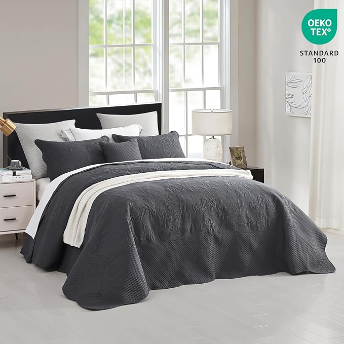 CHIXIN Bedspread Coverlet Quilt Set Full Size - Lightweight Bedding Cover - Ultrasonic Quilting - 5 Piece Reversible Bedspread - Vintage Rose Pattern (Full, Dark Grey)