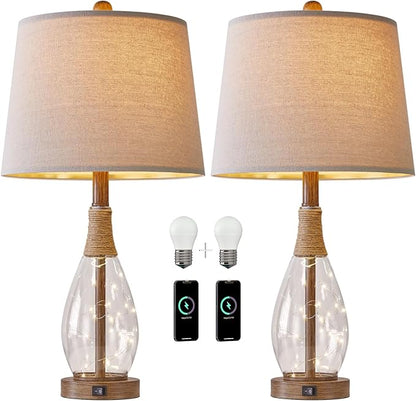 OYEARS Wood-Like Bedside Table Lamps Set of 2 with USB, Farmhouse Nightstand Lamps for Bedroom, Retro Rattan Table Lamps for Night Stands, Living Room, Boho Table Lamp with Glass Nightlight