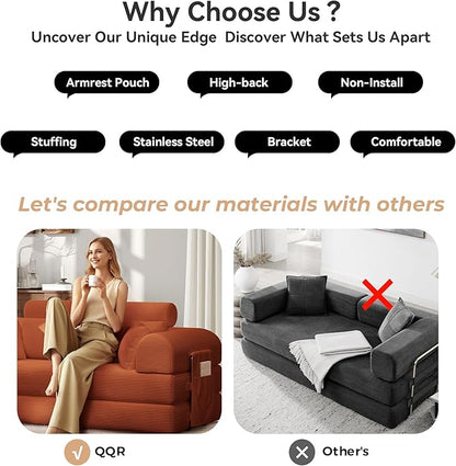 Upgrade High Backrest Design Sofa Bed with Fixed-Shape Frame & Removable Armrests and Backrest, Corduroy Fabric, Convertible Mattress Couch for Small Spaces - No Assembly Needed (High Backrest Orange)