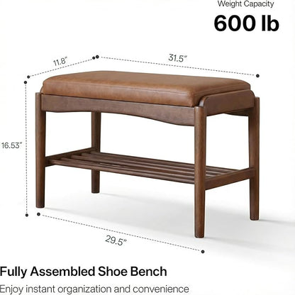 Black Walnut Shoe Bench Assembled, Solid Wood Shoe Rack Bench with Silicone Leather Cushion for Entryway, Living Room, Bedroom, Hallway