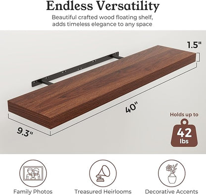 Floating Shelves for Wall, 9.3" Deep Wall Mounted Wood Shelves for Bathroom, Bedroom, Living Room, Kitchen, Hanging Shelf for Books/Storage/Room Decor (Walnut, 40")
