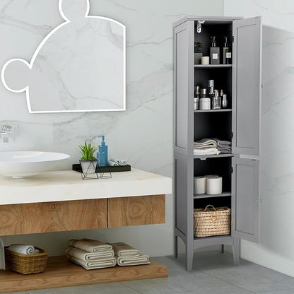 COSTWAY Tall Bathroom Storage Cabinet, 5-Tier Freestanding Linen Tower Cabinet with 2 Doors, Wooden Side Storage Organizer, Narrow Slim Floor Cabinet for Bathroom, Living Room, Kitchen (Grey)