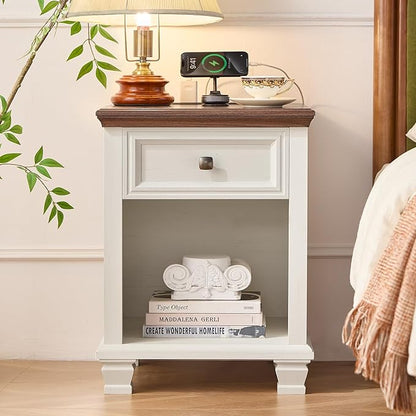 SAVOR LIFE Farmhouse End Tables Living Room Set of 2, Rustic Wood Nightstand with 1 Drawer, Bedside Table with Open Shelf for Bed Room, Side Table for Living Room, White