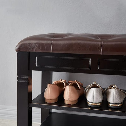 Shoe Storage Bench with Cushion, Entry Bench with Storage Solid Wood Shoe Bench Ideal for Entryway Living Room and Corridor (Black, 39.4'')