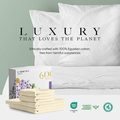 Carressa Linen 100% Egyptian Cotton Queen Sheet Set - 600 Thread Count Egyptian Cotton Queen Sheets Set (4 PC, Ivory Cream), Ultra Soft, Cooling, 16" Deep Pocket Sateen Weave Luxury Hotel Bed Sheet