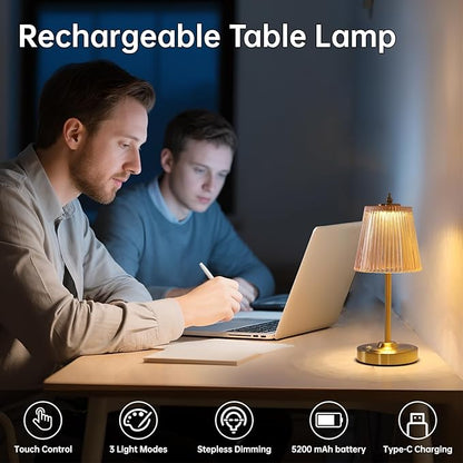 Small Table Lamp with 5200mAh Battery & Touch Control - 3 Adjustable Color Temperatures, Dimmable Rechargeable Table Lamps for Living Room, Bedroom, Bedside (Amber Stripe)