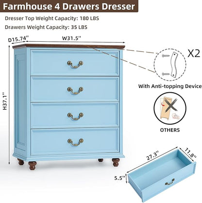 Farmhouse 4 Drawer Dresser for Bedroom, 37" Tall Rustic Chests of Drawers w/ 4 Solid Wood Feet, Mid Century Modern Wooden Closet Storage Dressers Organizer for Living Room, Hallway, LightBlue