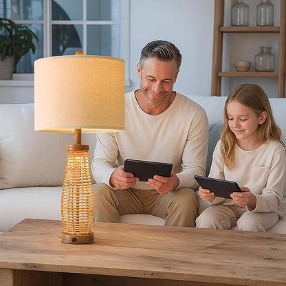 OYEARS 28" Table Lamps Set of 2 with Dual Night Lights, Bedside Lamps for Bedroom, Boho Lamp for Living Room, Rattan Table Lamp with Linen Shade, Farmhouse Lamp with Wood Grain Finish (Bulb Included)
