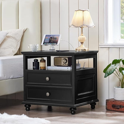 Farmhouse Nightstand Set of 2 with Charging Station, 24" Wide End Table with 2 Drawers,Wood Dresser for Bedroom,Black Bed Side Table Chest of Drawers Cabinet,Night Stand for Living Room