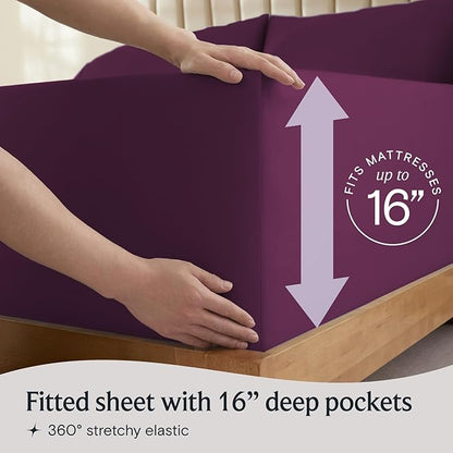 LuxClub 5 PC Split King Sheet Set, Deep Pockets Wrinkle Free Cooling Bed Sheets Hotel Bedding for Women, Men, Includes 2 Fitted Sheet, 1 Flat Sheet and 2 PillowcasesSoft Eggplant
