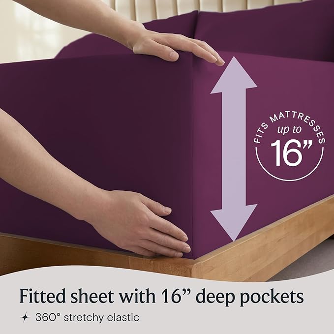 LuxClub 4 PC Queen Sheet Set, Deep Pockets Wrinkle Free Cooling Bed Sheets Hotel Bedding for Women, Men, Includes 1 Fitted Sheet, 1 Flat Sheet and 2 Pillowcases-Silky Soft Eggplant