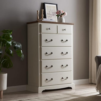 T4TREAM 6 Drawers Dresser Chests for Bedroom, 48" Tall Rustic Chset of Drawers, Wood Dressers Organizer for Bedroom, Living Room,Hallway, Antique White