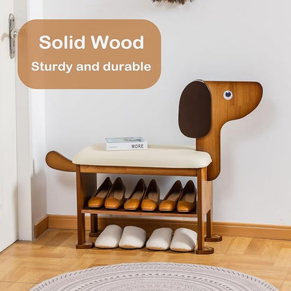 Shoe Bench with Cushion, 2-Tier Dog Entryway Bench Cute, Wood Shoe Rack Bench,23.62 inches