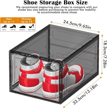 6 Pack Upgrade Harder Shoe Organizer, Shoe Storage with Magnetic Front Door, Clear Shoe Boxes Foldable Space-Saving Shoe Rack for Sneaker Boot Container, Black