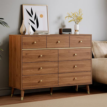 Modern Chest of Drawers with 9 Drawers,Deep Drawers,Clothes Organizer,Large Storage Cabinet for Living Room, Bedroom,Hallway,with Anti-Tipping Device,Brown