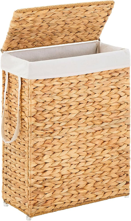 Handwoven Slim Laundry Hamper with Lid, 55L Natural Water Hyacinth Basket and Handles, Narrow Wicker Laundry Basket with Removable Liner Bag & 2 Mesh Bags