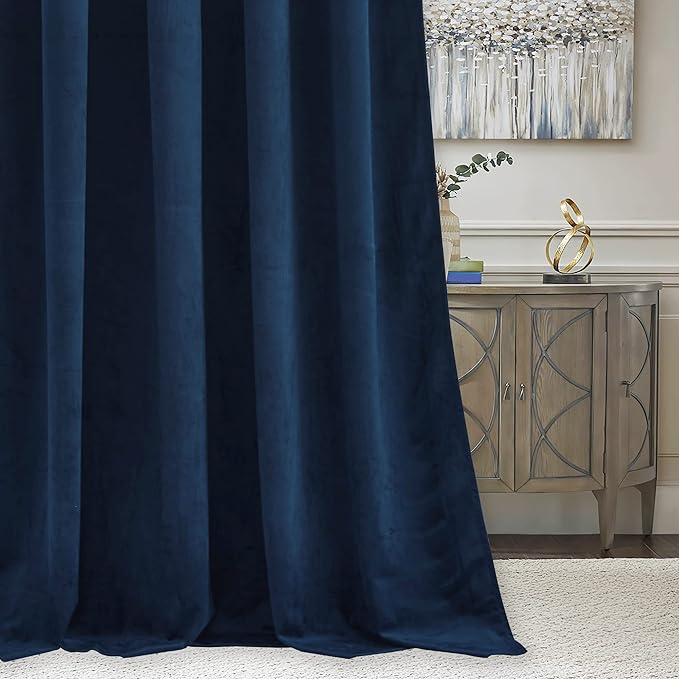 RYB HOME Navy Velvet Curtains 92 inches, Back Tab Soft Fabric Room Darkening Thermal Insulated Luxurious Home Decor Curtains for Living Room Bedroom, W 52" x L 92", 2 Panels Set