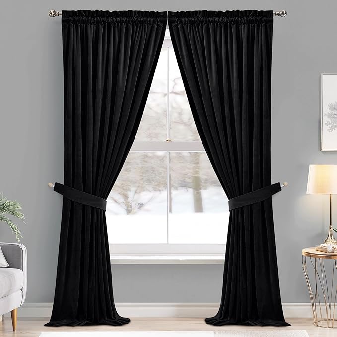 StangH Velvet Curtains 102 inches Long, Black Blackout Bedroom Window Drapes Thermal Insulated Sliding Door Panels for Living Room, W52 x L102, 2 Panels