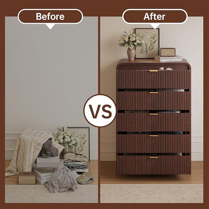 FURSUN Fluted 5 Drawers Dresser for Bedroom, 48" Tall Wooden Modern Dresser with Metal Handle, Curved Profile Design, Storage Organizer for Bedroom, Living Room, Hallway, Dark Walnut