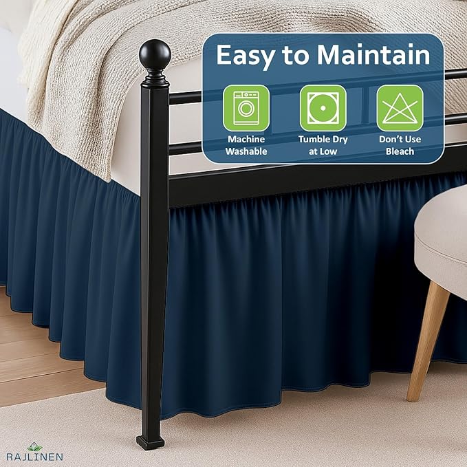 Rajlinen Ruffled Bed Skirt Twin, 16 Inch Drop Dust Ruffle with Split Corners, 100% Microfiber Bedskirt with Platform, Three-Sided Coverage Ruffled Gathering Design, Navy Blue