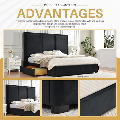 YUHUASHI King Size Bed Frame with 64-inch High Headboard, Simple and Airy Linen Upholstered Platform Bed with Storage Drawers, Wood Slat, No Noise (Ink Blue, King)