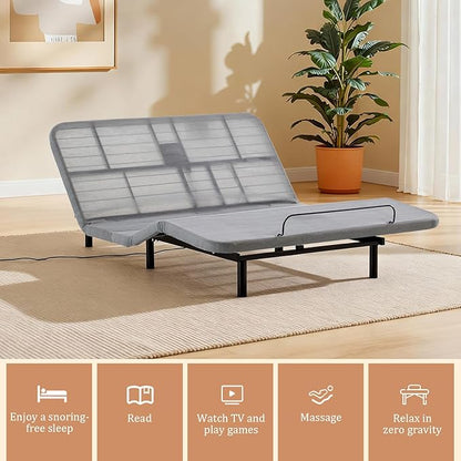 Queen Size Adjustable Bed Frame Base, Caron Electric Bed Base with Head and Foot Incline, Zero Gravity, Massage, App and Wireless Remote, No-Noise, Easy Assembly, Gray