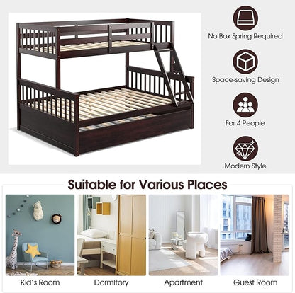 Giantex Twin Over Full Bunk Bed with Trundle, Convertible Platform Bed Frame with Ladder, Solid Wood Frame & Safety Guardrails, Space-Saving Bunk Bed for Teens & Kids, No Box Spring Needed, Espresso