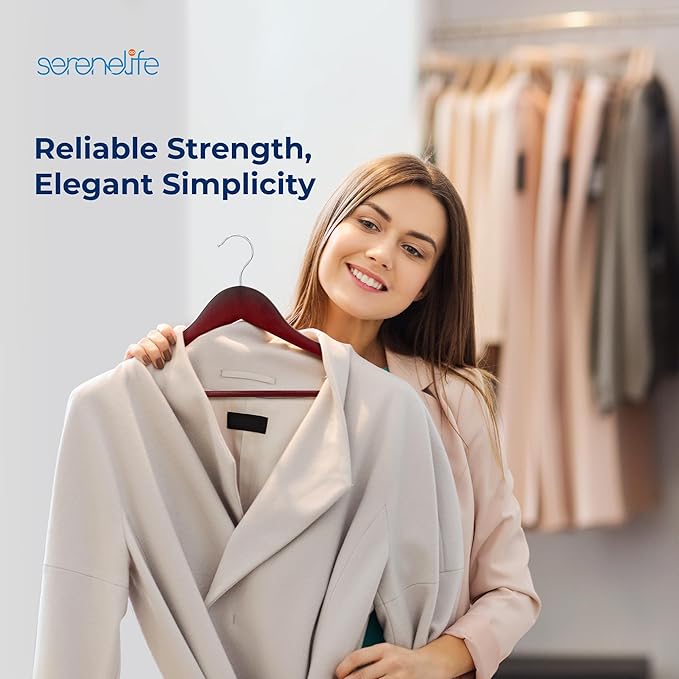 SereneLife 60-Pack Wooden Hangers Cherry Finish – Heavy Duty Suit & Clothes Hangers with Non-Slip Notches, Pants Bar, 360° Swivel Chrome Hook, 10 lb Capacity, Space Saving Closet Organization