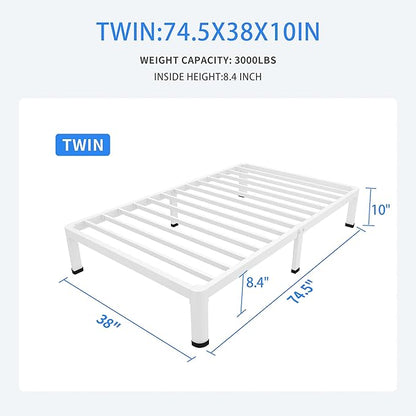 MAF 10 Inch Twin Bed Frames White with Round Corner Legs Mattress Slide Stopper No Box Spring Needed Heavy Duty Metal Platform Bed Frame Under-Bed Storage Space, 3000 LBS Steel Slats Support