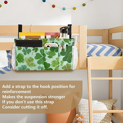 Bedside Caddy Hanging Bunk Bed Caddy Bed Organizer Hanging Pocket with 2 Hooks Bedside Storage Organizer Pocket Bag Holder Green Nature St Patrick Clovers