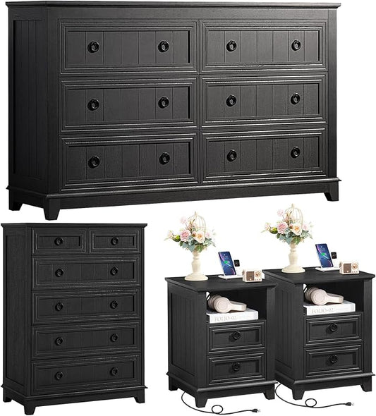 Bedroom Dresser and Nightstand Sets 4 Piece, Farmhouse 6 Drawers Dresser & 40.5" Tall Chest of Drawers,18" Nightstands with Charging Station,54" Wide Furniture Dressers for Bedroom,Living Room