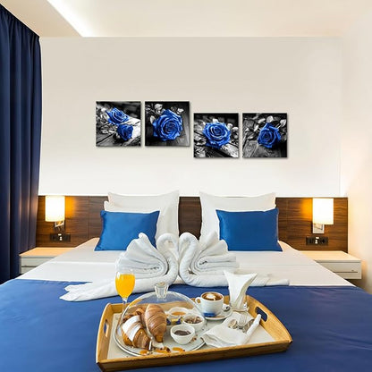 VANSEEING 4 Pieces Blue and Black Rose Flower Canvas Wall Art Floral Pictures Prints Modern Romantic Artwork Wall Decor for Valentine's Day Living Room Bedroom 12x12inchx4Pcs