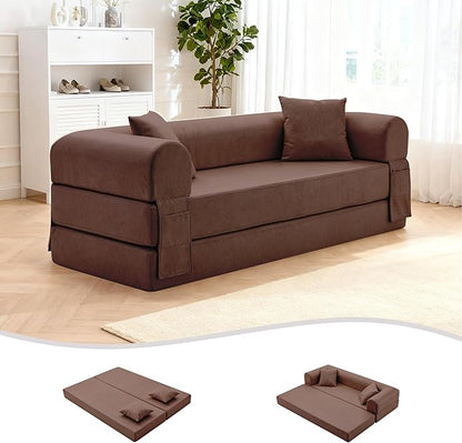 78.5" Convertible Sleeper Sofa Bed, Faux Leather Folding Floor Sofa with Pullout Bed&2 Pillows, No Assembly Modern Boneless Couch Compression Sofa in Box with Storage Pocket for Living Room, Brown