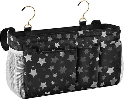 Bedside Caddy Hanging Bunk Bed Caddy Bed Organizer Hanging Pocket with 2 Hooks Bedside Storage Organizer Pocket Bag Holder Silver Stars Black