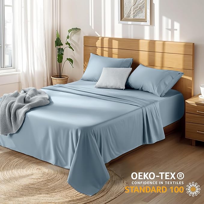LBRO2M 100% Cotton Sheets Set Deep Pocket 19", 1000 Thread Count Queen Size 4 Piece Bed Sheet Sets Soft Comfortable Bedding All Season (Queen, French Blue)
