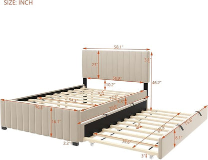 Full Bed Frame with Trundle Bed,Velvet Upholstered Platform Bed Frame,Full Size Trundle Bed with Headboard for Kids Teens Adults(Beige)