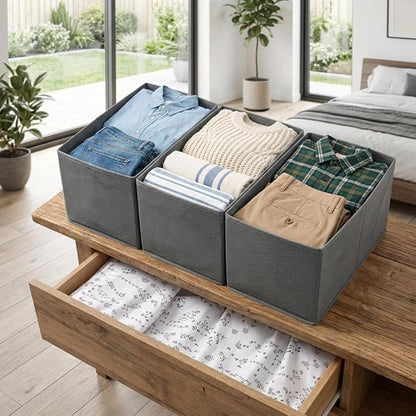 Sock Drawer Organizer 3 Pack, Fabric Drawer Organizer Clothes with Fixed Dividers, Sock Organizer for Dresser, Closet and Storage Bins